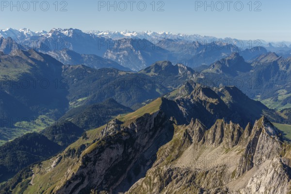 View from the alpine peak Säntis to the Appenzell Alps, 2505m altitude, Schwägalp, snow-covered mountain range, Urnäsch, Canton Appenzell, Ausserrhoden, Switzerland, Europe