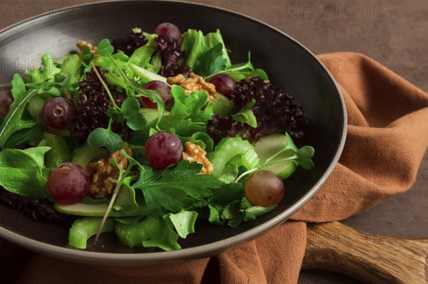 Fresh salad, waldorf, celery stalk, with apple and walnut, grapes, herbs, homemade, no people