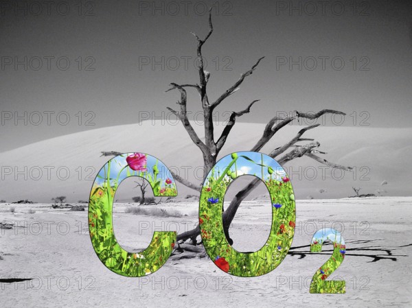 Symbolic image, carbon dioxide CO2, climate protection, climate change, world worth living in, nature conservation, biodiversity, species extinction, industrial emissions, ecosystem diversity, drought, heat, crop failures, drought disasters, famine worldwide, water shortages, floods, heat records, melting ice, desertification