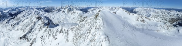 Cevedale summit, Alpine panorama, Aerial view, Snow-covered mountain landscape, Ortler group, Trento, Italy, Europe