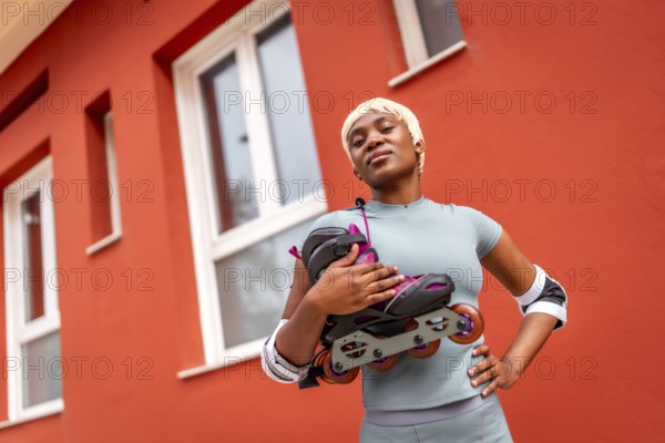 Confident and proud african woman carrying inline skates on shoulders in the city next to house with red facade