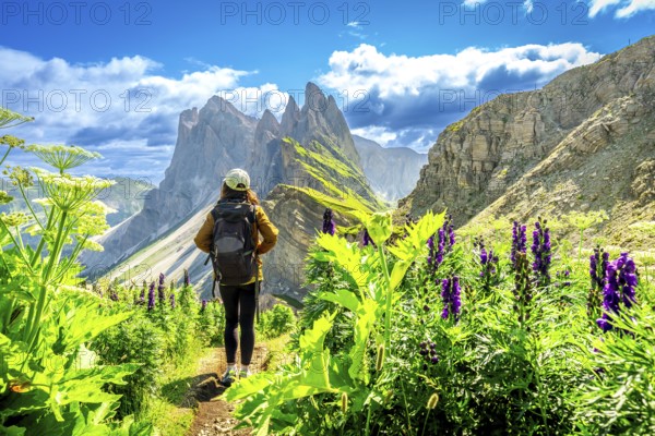 Female hiker walking on a path surrounded by flowers, enjoying the view of the odle mountains in the italian dolomites
