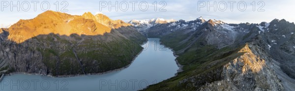Alpine panorama with Pigne d'Arolla, Lac de Dix, sunset in the mountains, reservoir, Valais Alps, Valais, Switzerland, Europe