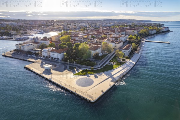 Sea organ, solar installation Greeting to the sun and the old town centre of Zadar seen from the air, Croatia, Europe