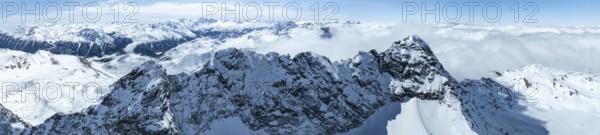 Alpine panorama, aerial view, mountain peak Piz Kesch and glacier Vadret da Porchabella, Albula Alps, Rhaetian Alps, Grisons, Eastern Switzerland, Switzerland, Europe