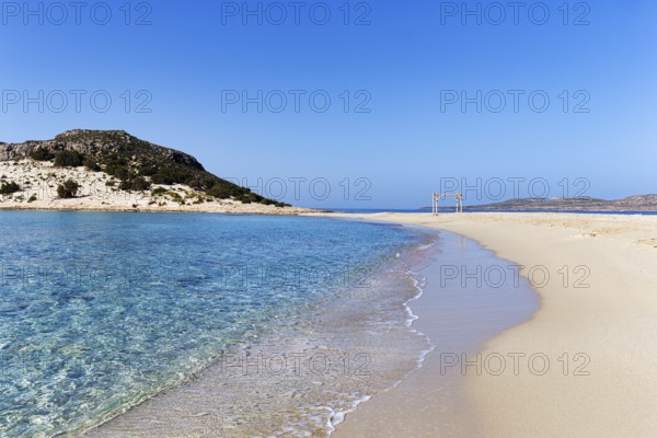 Crystal clear turquoise water, deserted dream beach in spring, Simos beach, Sarakiniko beach, coastline, Elafonisos, Deer Island, Laconia, Peloponnese, Ionian Islands, Ionian Sea, Greece, Europe