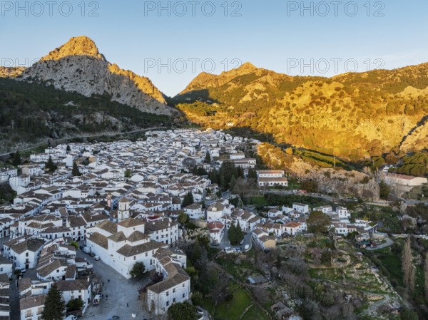 The White Town of Grazalema in the Sierra de Grazalema. Aerial view. Drone shot. Cádiz province, Andalusia, Spain, Europe