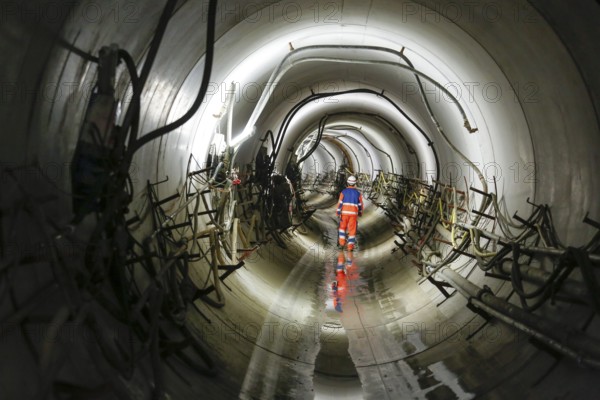 Theme photo Emscher conversion, the Emscher system will be sewage-free in 2021 - new construction of a sewer on the Boye, the second largest tributary of the Emscher, a tunneller goes through the DN 3500 tunnel, the Boye is being renaturalised, is being transformed into a near-natural body of water, was previously an open, The ecological conversion of the Emscher system consists of the construction of a central wastewater treatment system in the Ruhr area, the construction of sewers and the renaturalisation of the Emscher and its tributaries, archive photo from 13.11.2014, Bottrop, Ruhr area, North Rhine-Westphalia, Germany, Europe