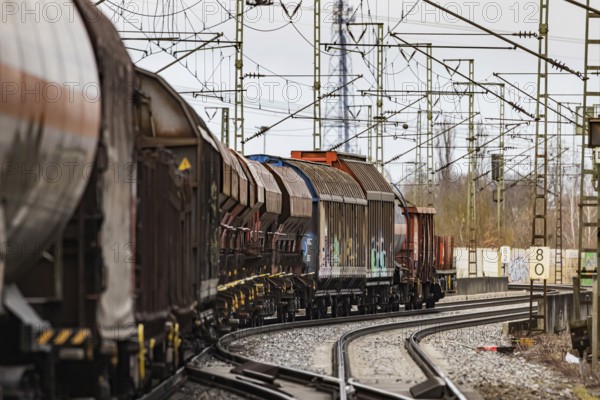 Goods train travelling on the winding Schuster Railway, overhead lines and infrastructure. Stuttgart, Baden-Württemberg, Germany, Europe