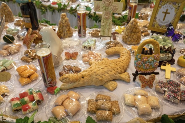 Gretna, Louisiana - The St. Joseph Day altar at St. Joseph Catholic Church. Catholics in the New Orleans area celebrate St. Joseph Day, March 19, by building elaborate altars of food, figurines, candles, and other items. Sicilian immigrants settled in New Orleans in the late 1800s, bringing the tradition which honors the relief St. Joseph provided during a Sicilian famine