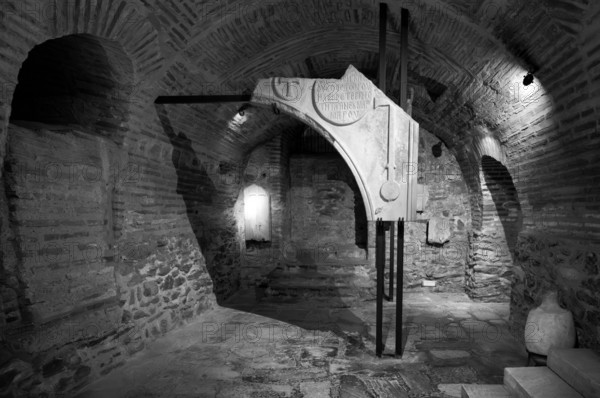 Interior view of the crypt, remains of the Roman baths, Church of Hagios Demetrios, also known as Agios Dimtrios or Demetrios Basilica, Thessaloniki, Macedonia, black and white, Greece, Europe