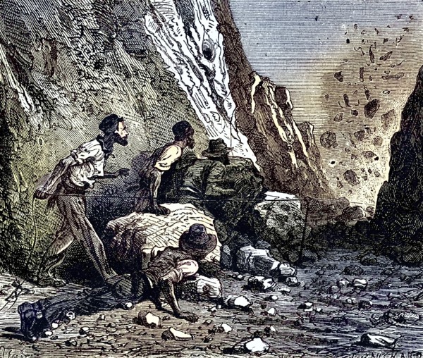 Miners using dynamite for blasting. Wood engraving, Paris, 1879, Historic, digitally restored reproduction from a 19th century original, Record date not stated