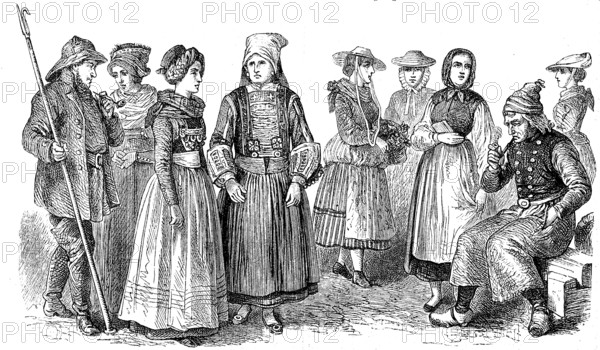 Folk costumes in Schleswig-Holstein, Germany, in 1880, Historical, digital reproduction of an original from the 19th century, Europe