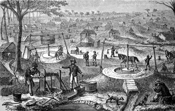 Gold mining in Australia in 1880, historical, digital reproduction of an original from the 19th century