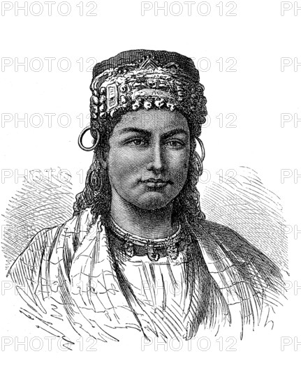 Woman of the Kabyle tribe, Berber, Bedouin, from Algeria, in 1870, Historical, digital reproduction of an original from the 19th century