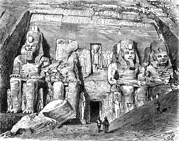 Entrance to the rock temple of Abu Simbel in Egypt, in 1870, historical, digital reproduction of an original 19th century model