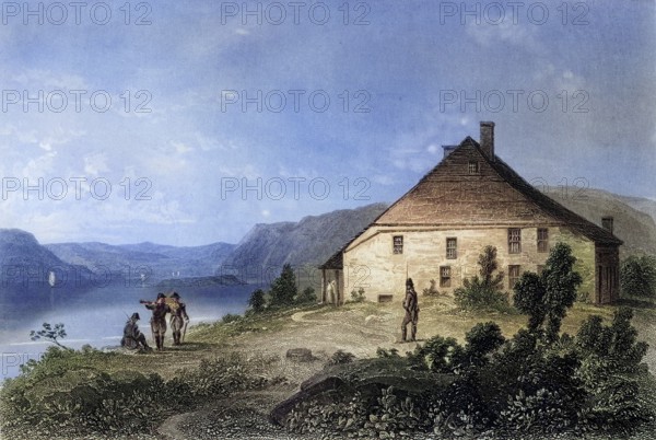 Washington's Headquarters near Newburgh USA, George Washington, 1732-1799, First President of the United States, Copperplate engraving after a nineteenth century print, Historical, digitally restored reproduction from a nineteenth century master, Record date not stated