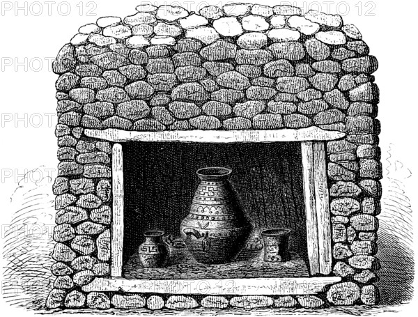 Etruscan tomb on the Villanova estate near Bolgna, archaeological excavations discovered about 200 graves, cavity with the decorated ash jar (ossuarium) as an urn, two small jars, protection by wooden beams, history of mankind, Italy, historical illustration 1880, Europe