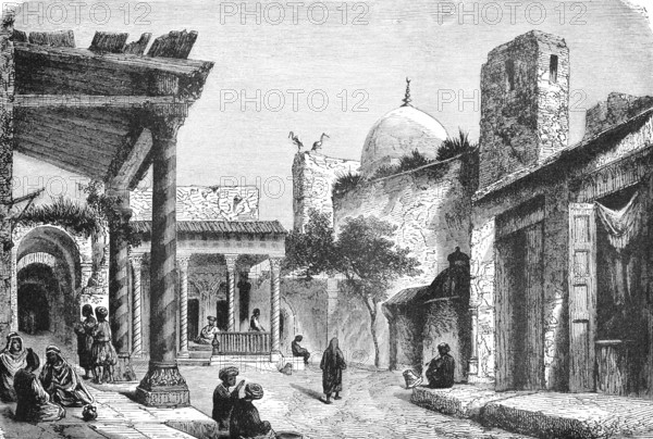 In the bazaar of a Turkish old town, street with shops, dome of a mosque, shady corridors, people, commercial centre, travel, Turkey, historical illustration 1886, Asia
