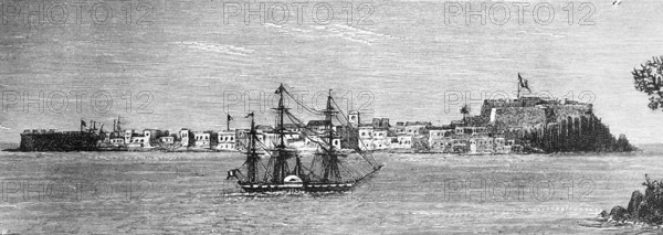 View of the Antlantic island Île de Gorée or Goree off Dakar with European fortress, centre of slave trade in colonialism, three-master, paddle steamer, voyages, Senegal, historical illustration 1886, Africa
