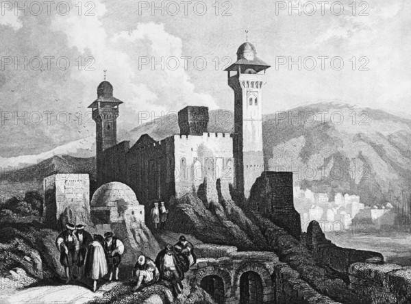 Hebron in Palestine with Abraham's tomb, mosque, domed building, people, mountain landscape, Old Testament, Bible, historical illustration 1854