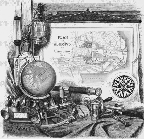 Wilhelmshaven, Lower Saxony, North Sea, symbol, emblem, city map, globe, oil lamp, telescope, sextant, egg timer, Germany, historical illustration 1880, Europe