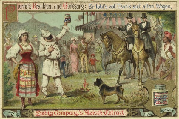 Series Healing of Pierrot by Liebig Meat Extract, Pierrot's illness and recovery, he praises it as thanks in all ways, Liebig painting, digitally restored reproduction of a collection painting from ca 1900, public domain, exact date unknownPierrot's illness and recovery, badly the illness has seized him, exact date unknown, A woman in traditional dress holds Liebig's extract while a man praises it