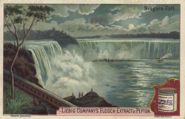 Picture series Waterfalls of the World, The Niagara Falls, Canada, America, Liebig picture, digitally restored reproduction of a collector's picture from around 1900, public domain, exact date unknown, picturesque depiction of the Niagara Falls in the evening, powerful nature, North America