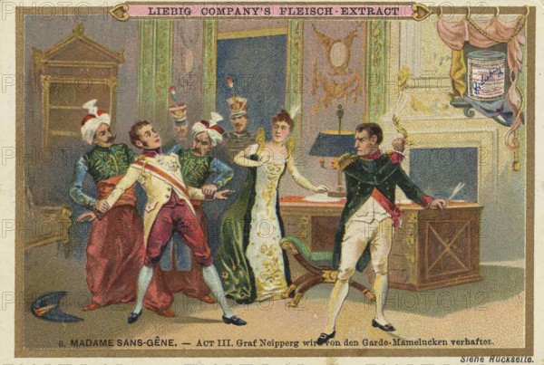 Picture series Madame Sans-Gene, Act 3, Count Neipperg is arrested by the Mameluke Guards, Liebig picture, digitally restored reproduction of a collective picture from ca 1900, public domain, exact date unknown, Neipperg and other people in an office, a soldier is being detained