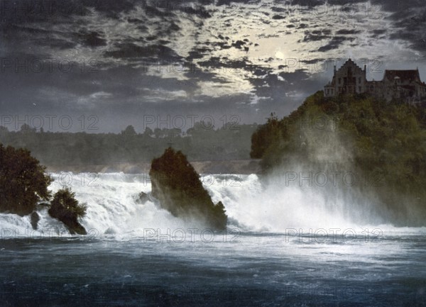 Rhine Falls at night, near Schaffhausen in Switzerland, Historical, digitally restored reproduction from a 19th century original, Record date not stated