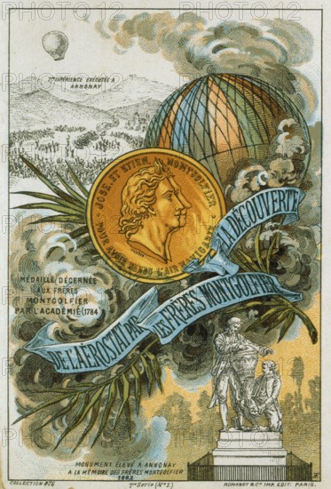 Cheering crowds at the first public demonstration of a hot-air balloon in Annonay, France, on 4 June 1783 by the Montgolfier brothers. Collector's card to mark the 100th anniversary of their invention. Flying Aviation Ballooning, Europe