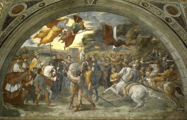 The Meeting of Leo the Great and Attila, Historical, digitally restored reproduction from a 19th century original, Record date not stated