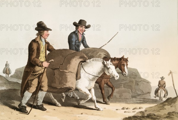 Scene from everyday life in England around 1810, Clothmakers and cloth merchants on their way to town, Historical, digitally restored reproduction from a 19th century original, Date unknown
