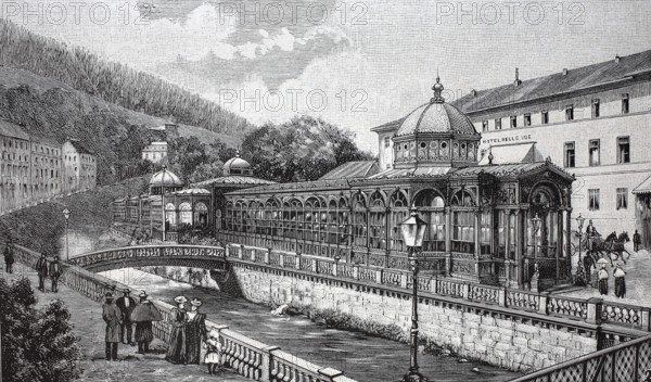 View of the town of Wildbad, drinking hall, 1895, Black Forest, Baden-Württemberg, Germany, reproduction of an original, around 1900, historical, Europe