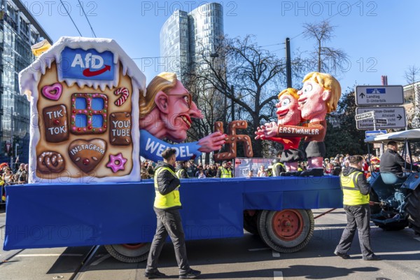 Rose Monday parade in Düsseldorf, themed float by float builder Jacques Tilly, AFD Alice Weidel lures young people out of a witch's house with gingerbread in the shape of a swastika, election advertising via social media, North Rhine-Westphalia, Germany, Europe