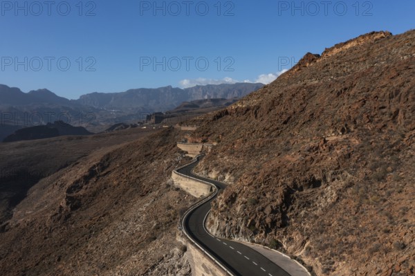 Drone shot, mountain road at the Degollade de las Yeguas viewpoint, Gran Canaria, Canary Islands, Spain, Europe