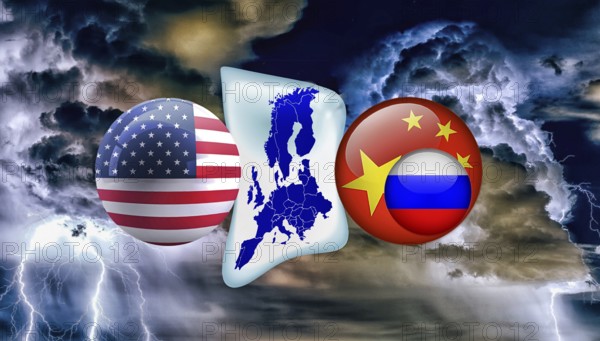 Symbolic image, EU European Union and Germany under pressure between USA-China-Russia, Donald Trump, cancelled values union, Nato, tariff threats, Elon Musk, Mark Zuckerberg, social networks, fake news, hate, hate speech, DSG Digital Services Act, re-election, USA, politics, announcements, vendetta, wanted dictator, Republicans, USA electoral system, global danger, lies, 2nd term, global burden, Ukrainian war, storm Beluga (sturmgeon), North America