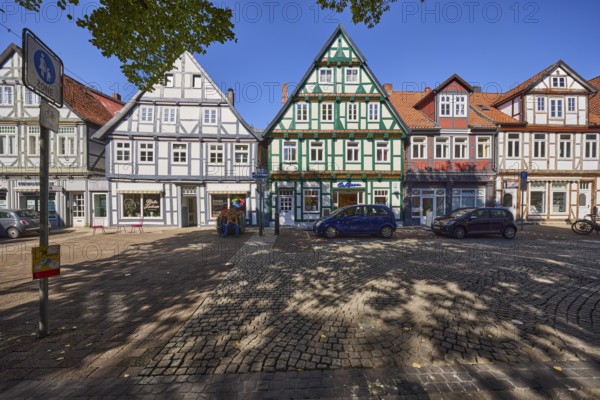 Outlet, Bahlsen GmbH und Co. KG, half-timbered houses, tree, shadow, pedestrian zone, row of houses, blue sky, cloudless, Schuhstraße, Brandplatz, Celle, Lüneburger Heide, district of Celle, Lower Saxony, Germany, Europe