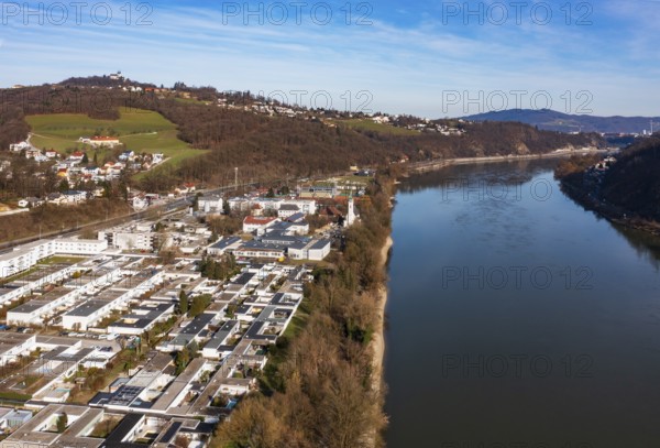 Drone image, housing estate, apartment blocks and high-rise estate, Puchenau, Linz Land district, Danube, Upper Austria, Austria, Europe