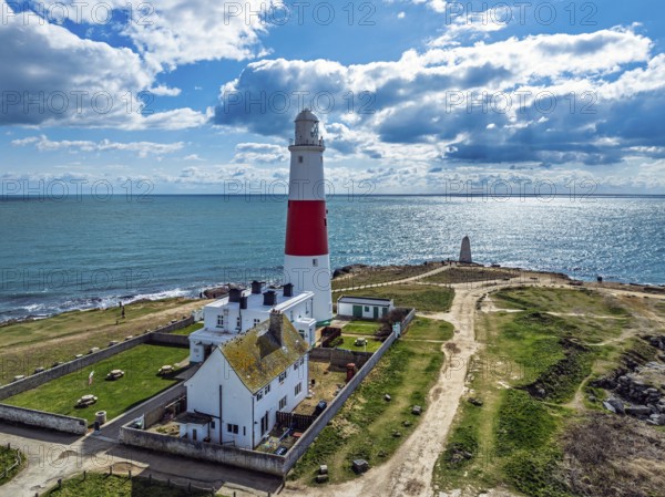 Portland Bill Lighthouse from a drone, Portland Bill, Isle of Portland, Dorset, England, United Kingdom, Europe