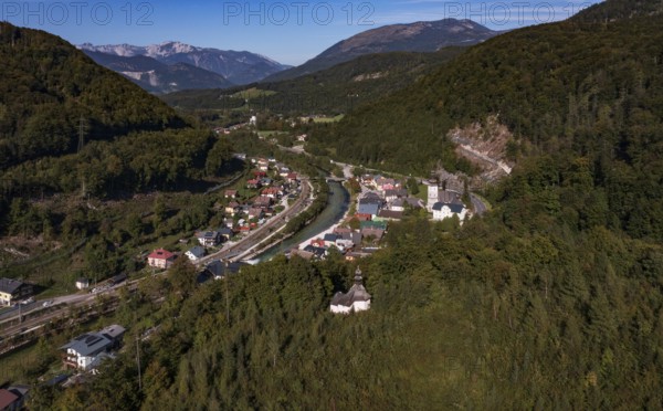 Drone image, river Traun, view of town with parish church, Lauffen, Salzkammergut, Upper Austria, Austria, Europe