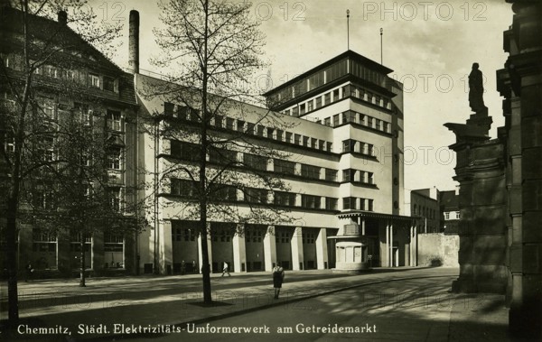 Municipal power station and transformer station at Getreidemarkt, Chemnitz, c. 1925, Saxony, Germany, digitally enhanced reproduction from a historical original, c. 1900, public domain, Europe
