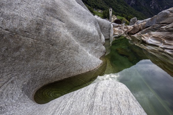 Rocks in the Verzasca River, behind Lavertezzo, Verzasca Valley, Valle Verzasca, Canton Ticino, Switzerland, Europe