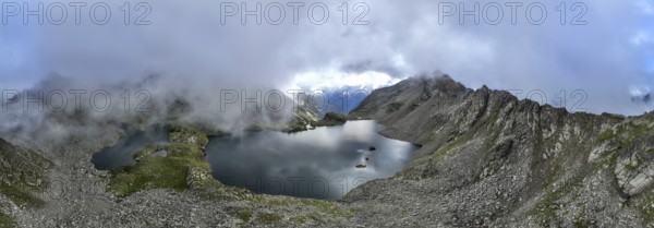Mountain landscape with cloudy mountain peaks, mountain lakes Wangenitzsee and Kreuzsee, aerial view, Schober Group, Hohe Tauern National Park, Eastern Alps, Carinthia, Austria, Europe