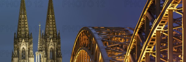 LED lights, evening mood at Cologne Cathedral, Hohenzollern Bridge, Cologne, North Rhine-Westphalia, Germany, Europe