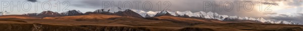 Panorama, Glaciated and snow-capped mountains, dramatic landscape at sunset, autumnal mountain landscape with yellow grass, Tian Shan, Sky Mountains, Sary Jaz Valley, Kyrgyzstan, Asia