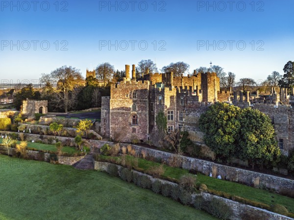 Berkeley Castle from a drone, Berkeley, Cotswolds, Gloucestershire, England, United Kingdom, Europe