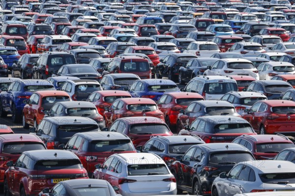 Duisburg, North Rhine-Westphalia, Germany - New cars, transhipment centre, car terminal in Duisburg harbour