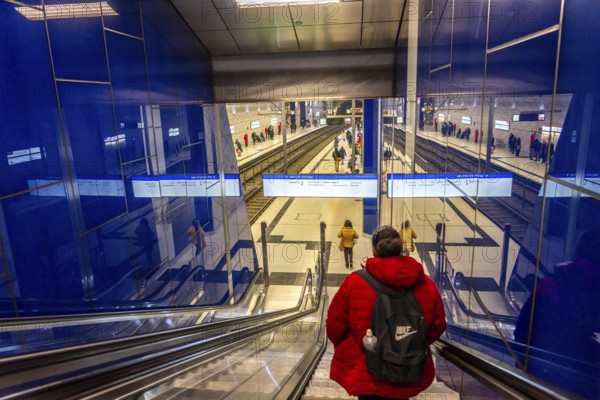 Modern underground station of the Wehrhahn line, Schadowstraße, 6 new stations, opened in 2016, of the 3.4 km long underground line in the city centre of Düsseldorf, North Rhine-Westphalia, Germany, Europe