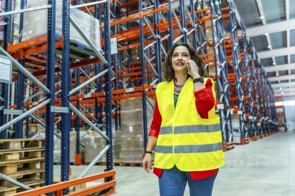 Female manager of a warehouse talking to the mobile phone walking among boxes